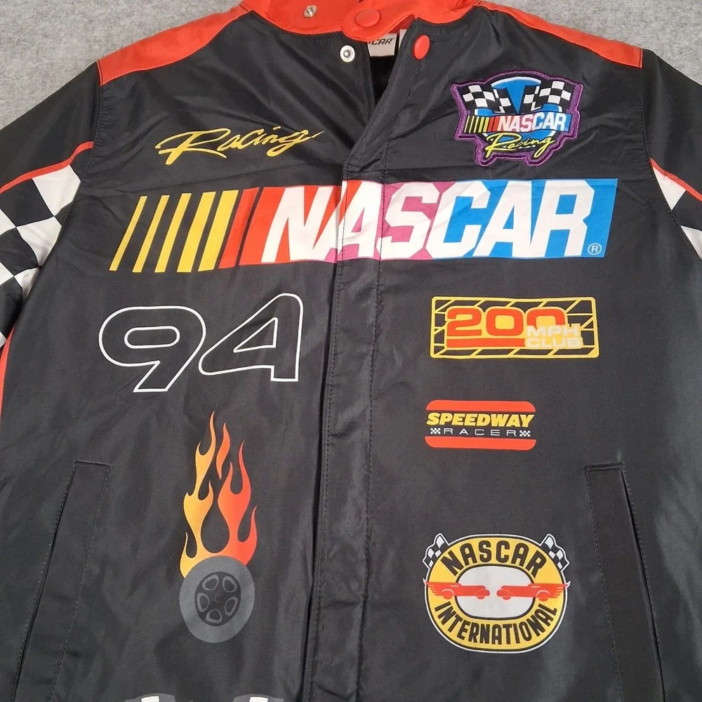NASCAR Racing Bomber Jacket Kids Size 10/12 Black Red #94 Checkered Graphics